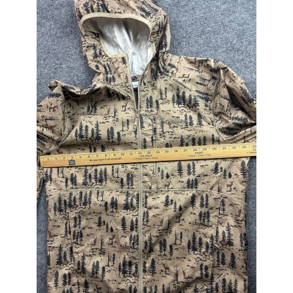 Columbia Hooded Windbreaker Mens Medium Tan Forest Deer Print Full Zip Jacket